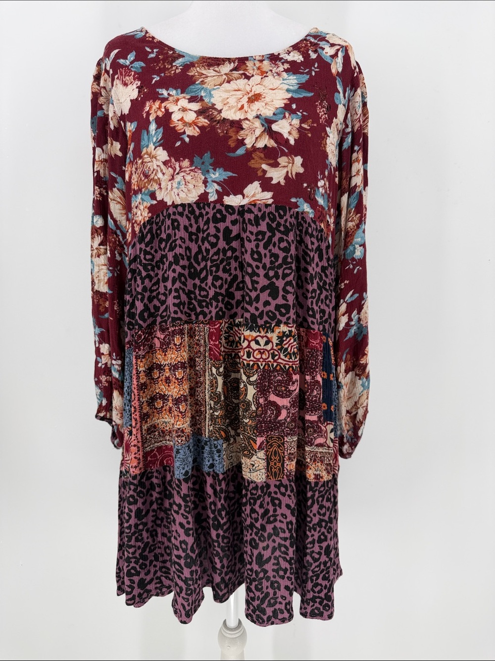 Umgee Boho Patchwork Floral Leopard Tiered Dress Size Medium